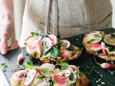 Tray of toast with radishes