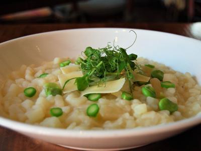 potato risotto Milanese with asparagus ends & trashed fava beans