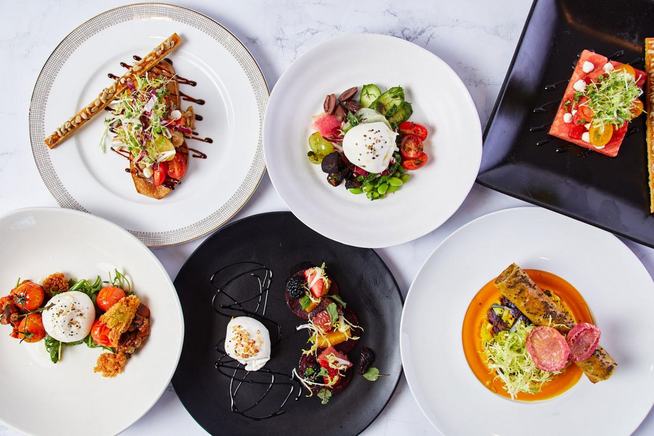 Overhead shot of plated dishes on table